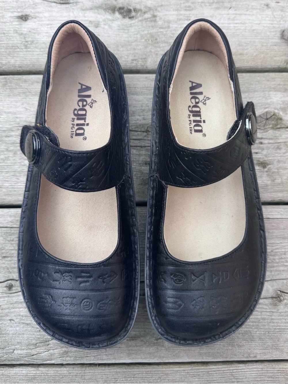 Alegria Paloma PAL-661 "Hieroglyph" Mary Jane Leather Shoes Black sz 37 (6.5-7)